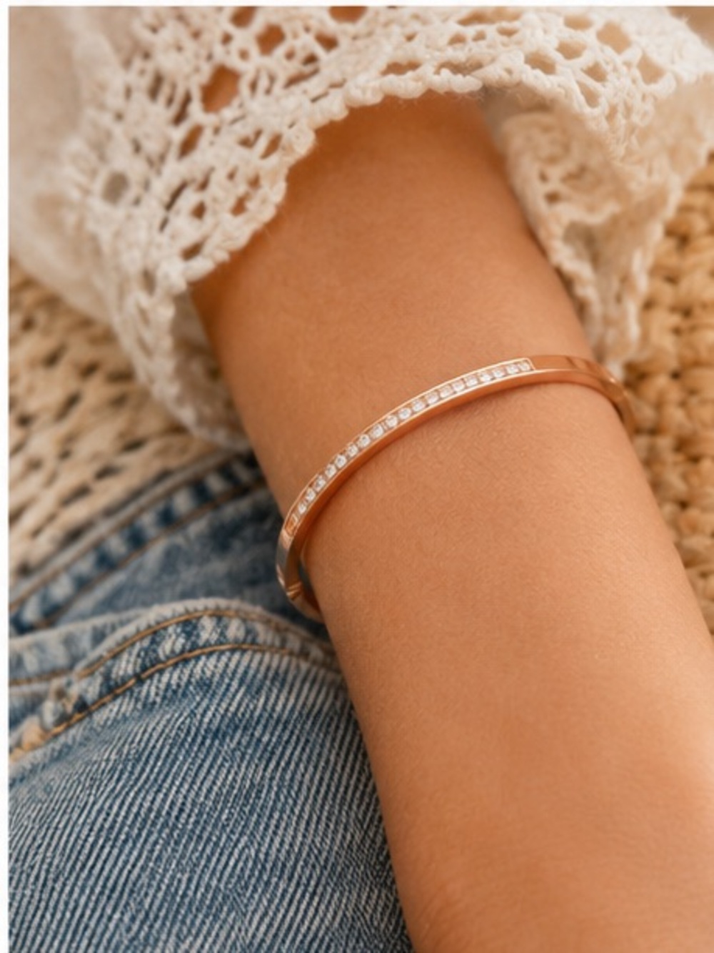 💦 Waterproof Rose Gold CZ Bangle Bracelet Minimalist Stackable
